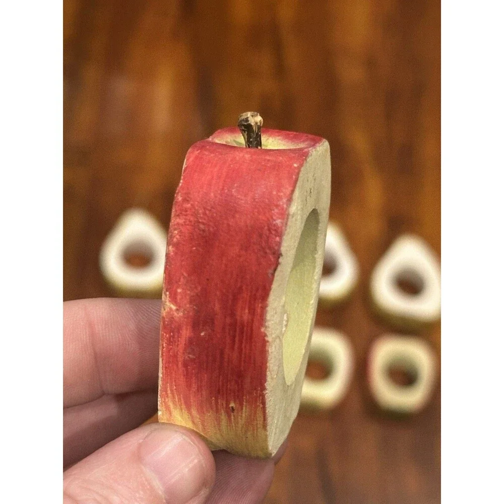 Set of (8) Vintage CRATE & BARREL Wooden Apples & Pears Napkin Rings